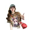 Camiseta de Algodón Holgada con Diseño de Rayas Vintage para Mujer, Top Versátil de Moda con Estampado, Largo Medio, Corte Ajustado, Tendencia