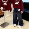 Conjunto de sudadera de forro polar con cuello polo, dulce y lindo, temática de gatos, y pantalones vaqueros de pierna ancha para niñas, perfecto para otoño e invierno