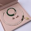 Colar de pérolas naturais de água doce, pingente de rosa de Buda risonho com jade incrustado em ouro, conjunto de três peças em prata 925, presente para o dia das mães