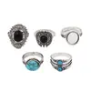 Conjunto de 5 Peças de Anéis de Joias Estilo Étnico Retrô Boêmio Europeu e Americano Incrustados com Pedras Preciosas Brancas e Pretas e Turquesa