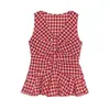 Camisa Xadrez Plissada Coreana Feminina Verão Babado Petite Sem Mangas Camisa Xadrez Babydoll Decote V