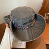 Sombrero de Pescador de Mezclilla Occidental Bordado Lavado Estilo Japonés para Mujer Verano Exterior Montañismo Ala Grande Cara Pequeña Sombrero de Sombra