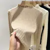 Camiseta Interior de Encaje con Cuello Medio para Mujer, Otoño e Invierno 2024 Nuevo Tejido de Punto de Empalme Francés