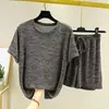 Traje de punto para mujer de verano, cuello redondo, manga corta, hilo floral, pijama suelto, fino, talla grande, shorts, traje casual de dos piezas