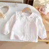 Camisa Dulce para Niñas Primavera y Otoño Nuevo Estilo Linda Niña Pequeña Flor de Cerezo Cuello de Solapa Encaje Manga Larga Top Básico Moderno