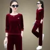 Conjunto Deportivo Casual de Terciopelo Dorado para Mujer, Moda Primavera y Otoño, Tallas Grandes, Sudadera con Cuello Redondo y Puños de Canalé, Pantalones Casuales, Conjunto de Dos Piezas