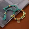 Nova Pulseira Enrolada Estilo Chinês, Pulseira Tecida à Mão, Pulseira Vermelha de Alto Padrão Estilo Antigo com Pingente Redondo Dourado Areia Deus da Riqueza