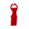 Novo Cheongsam Sexy de Veludo Uniforme Roupas Vazadas Puro Desejo Fenda Alta Alça Conjunto Camisola Vermelha Role Play
