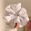 Goma para el pelo de cuadros extragrande con adorno de encaje y un dulce lazo de estilo perezoso, Goma para coleta, Accesorio elástico para el pelo