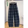 Foto Real de Pantalones de Punto Casuales y Simples a Cuadros Teñidos en Hilo Estilo Retro Sueltos de Pierna Ancha para Madres y Niñas 2025