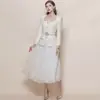 Vestido Cuadrado de Tweed con Botones de Pedrería, Ceñido a la Cintura, Efecto Adelgazante, Vestido Largo de Gasa Plisada con Cinturón Incluido