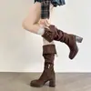 Botas plataforma de camurça retrô, de cano alto, com salto alto e plataforma, de dois modos, com salto grosso, na cor marrom, no estilo cowboy ocidental