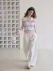 Top polo listrado com blocos de cor frescos e vibrantes em estilo coreano para mulheres, design de verão com bordado, visual jovem, mangas pequenas tipo sino, camisa de malha