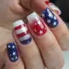 Unhas Usáveis para o Dia da Independência, Comprimento Médio Retangular Gradiente Vermelho Decoração com Glitter de Estrela, Unhas Postiças Removíveis, Dicas de Nail Art