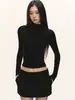 Blusa de Tricô Preta de Manga Média com Gola Alta Slim Fit para Mulheres, Adequada para o Outono, Pode Ser Usada Sozinha ou como Camada Base, Blusa de Tricô Tendência de Manga Média