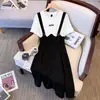 Moda Verão 2023 Elegante Cobertura da Barriga Bonito Tamanho Grande Estilo Irmã Ins Cintura Ondulada Marcada Falso Duas Peças Macacão Suspensório Tamanho Grande