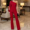 Conjunto casual europeu e americano, top drapeado de um ombro só com mangas compridas em estilo francês com calça pantalona de cintura alta, conjunto de duas peças, vestuário feminino transfronteiriço