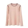 Top de manga larga con cuello redondo y bloques de color otoñales para mujer, con diseño de hombros en bloques de color, tejido elástico, corte ajustado y disponible en varios colores