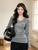Camiseta Básica Manga Longa Gola V Ombro Normal para Mulheres Estação Primavera e Outono Novo Estilo Ajustada Versátil Camisa Camada Base Direto da Fábrica