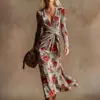 Vestido Transfronteiriço Novo Estilo com Decote em V e Mangas Longas com Elementos de Impressão Digital 3D, Saia Fashion e Personalizada para Marcar a Cintura Feminina