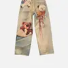 Amazon Moda Calle Estilo Europeo y Americano Pantalones Largos Sueltos de Cintura Media-Baja Jeans con Estampado de Oso Graffiti para Mujer Ins