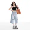 Jeans Rasgado Cropped Estilo Retrô Americano para Mulheres, Novo Tendência Verão 2026 Calça de Cintura Baixa Solta Emagrecedora Wide Leg Comprimento Médio