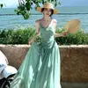 Cintura ceñida, adelgazante, amarre en la espalda, panel de encaje, vestido camisola largo para mujer, verde vintage, transparente, ajustado al cuerpo, tie-dye