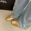 Novedad de Primavera Bailarinas Doradas con Lentejuelas y Lazo~Punta Redonda Escote Bajo Slip-on Tacón Bajo Tallas Grandes Bailarinas Mujer