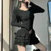 92% algodón, 8% elastanoDiseño de volantes multicapa estilo ballet para ceñir la cintura, vestido tipo capullo de flor para mujer, vestido corto de manga larga
