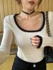 Suéter de Punto 2023 con un Diseño Fragante y Femenino, Jersey con Bordes Deshilachados, Cuello Cuadrado, Top de Manga Larga Ajustado para Mujer, Moderno