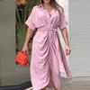 2026 Nova Roupa Feminina de Verão Europeia e Americana Transfronteiriça Vestido Elegante Moda Estampada Gola Lapela Vestido Camisa de Cintura Alta