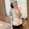 Zhengqite Roupa/Thom Polo Colorido com Botão e Gola Camisa de Manga Curta para Mulheres Verão Quatro Listras Slim Fit Elástico