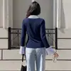 Novo Estilo Outono/Inverno 2026 Blusa Falsa de Duas Peças Transfronteiriça Europeia e Americana Slim Fit Camiseta de Manga Longa com Listras Costuradas e Cores Contrastantes para Mulheres