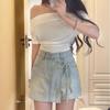 Nueva Falda Vaquera Retro de Verano 2025 para Mujer, Tirantes de Color Claro, Diseño Asimétrico, Shorts Sexy A-Line Ajustados a la Cadera