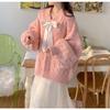 Tricô Macio com Torção Estilo Coreano Feminino Gola V Versátil Tricô Preguiçoso Solto + Laço Rosa