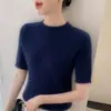Camisa trançada casual para mulheres, comércio exterior, manga curta, gola redonda, caimento solto, modeladora, top de tricô trançado, manga meia, camada interna, atacado