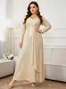 607W-0 Cruzamento Europeu e Americano Tamanho Plus Nova Moda Temperamento Elegante Cor Sólida Lantejoulas Manga Longa Decote V Emagrecedor Vestido de Banquete