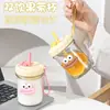 [Vidrio Espesado] Taza Portátil Linda de Alto Valor con Tapa para Popote Taza de Agua Boca Grande Pegatina