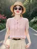 Top de punto crochet calado rosa suave estilo francés de manga corta para mujer, prenda interior de verano ajustada, de longitud corta, top rejuvenecedor y adelgazante