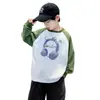 Sudadera de manga larga moderna y genial para niños 2026 con diseño de bloques de color, cuello redondo, estampado de auriculares, moda casual elegante de otoño