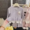 Conjunto de Outono para Meninas 2026 Novo Estilo Coreano Roupa de Bebê Menina Suéter Patchwork Cardigã de Tricô Calça Base Conjunto de Três Peças