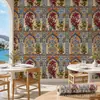 Impressão UV Adesivo de Parede Autoadesivo Azulejo Floral Azul e Dourado Arco de Azulejo Fundo de Parede para Restaurante Personalização por Imagem Atacado