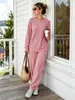 Conjunto de Duas Peças Europeu e Americano Transfronteiriço Primavera e Outono 2025 Novo Top Feminino de Tricô Torcido com Mangas Longas e Gola Redonda e Leggings