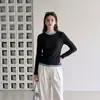 Suéter pullover redondo com blocos de cor para mulheres, corte justo e valorizador, perfeito como camada base para outono e inverno, top de manga longa