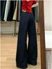 Jeans vintage azul escuro de perna larga para mulheres, estilo ins, primavera e outono de 2026, cintura alta, afina a silhueta, solto, calça reta com bom caimento