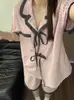 Pijama Rayado Rosa Contrastante Estilo Nuevo 2026 para Mujer, Shorts de Manga Corta de Verano, Conjunto de Dos Piezas con Lazo, Ropa de Casa Exterior