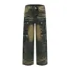 Jeans Tooling Lavado Vintage Americano High Street Design Sense Masculino e Feminino Múltiplos Bolsos Estilo Reto Street Calças Velhas Mop