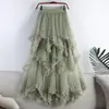 Amazon Aliexpress 2026 Primavera/Verão Saia Longa em Retalhos Irregulares de Renda com Babados de Cintura Alta Camadas para Mulheres