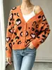 Cardigan europeu e americano feminino solto transfronteiriço, jaqueta estilo novo outono e inverno 2026, suéter de malha com estampa de leopardo único e moderno para mulheres