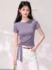 Elegante top de punto verde de manga corta para mujer con correa irregular, estilo vintage y maduro, top adelgazante